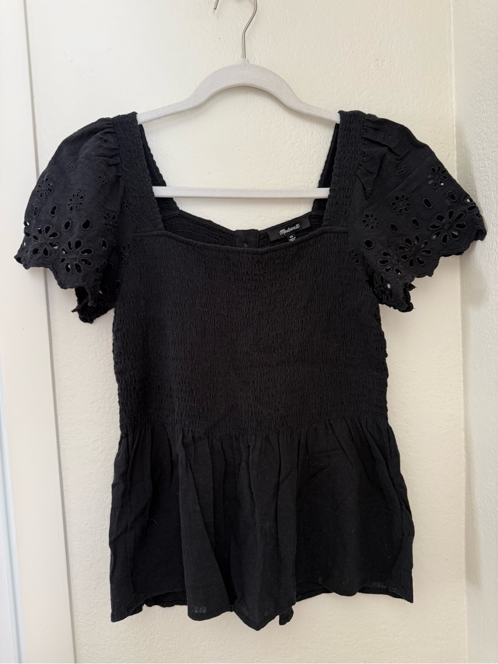 Madewell Eyelet-Sleeve Lucie Smocked Peplum Top